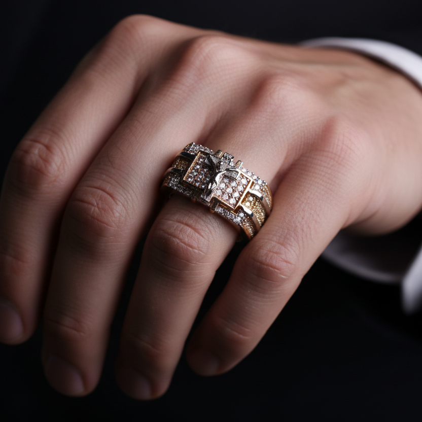 Anillo banda diamantes buckle en mano