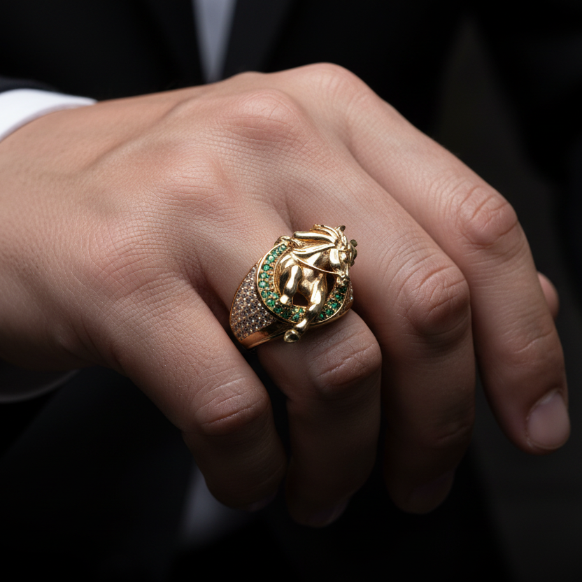 Anillo cabeza caballo en mano