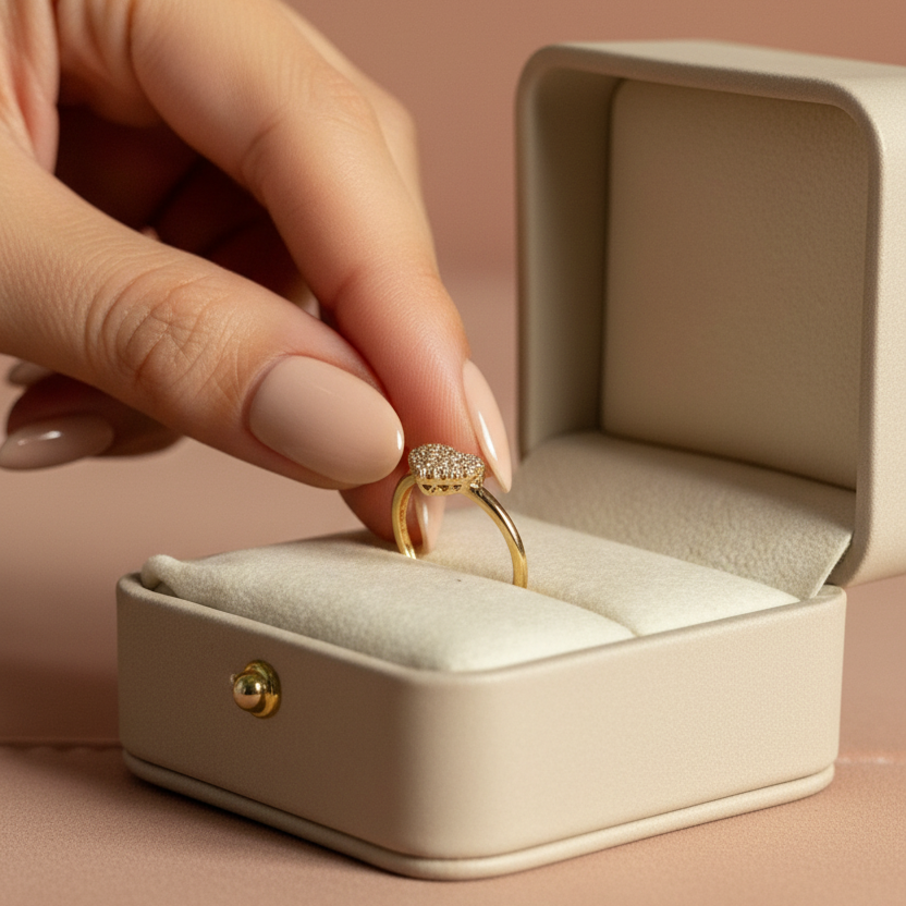 Anillo con corazón de diamantes en mano