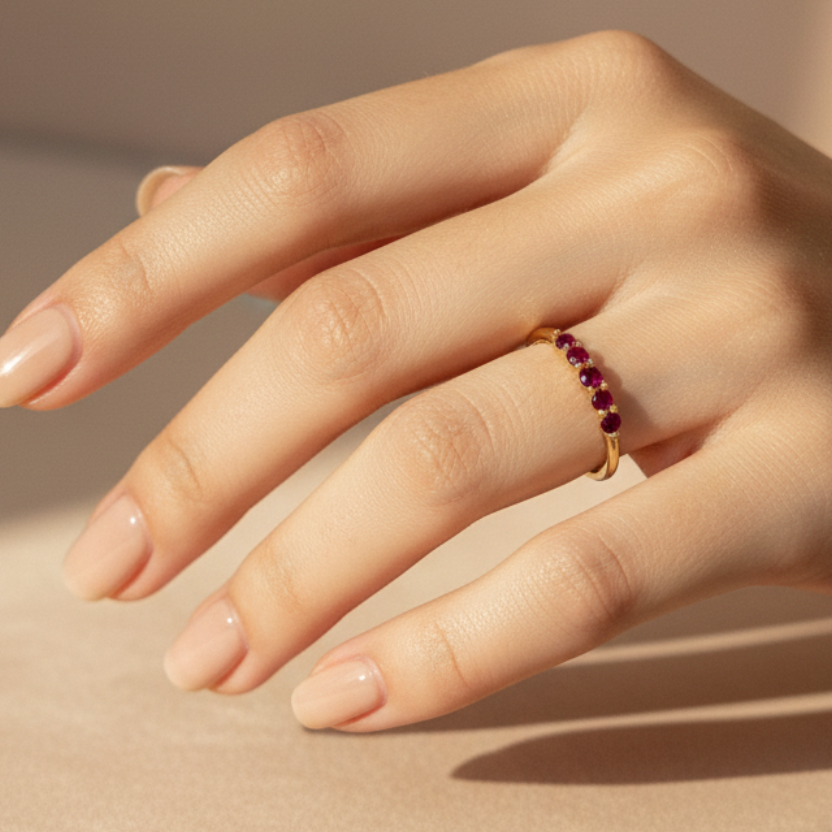 Anillo con rubíes en mano