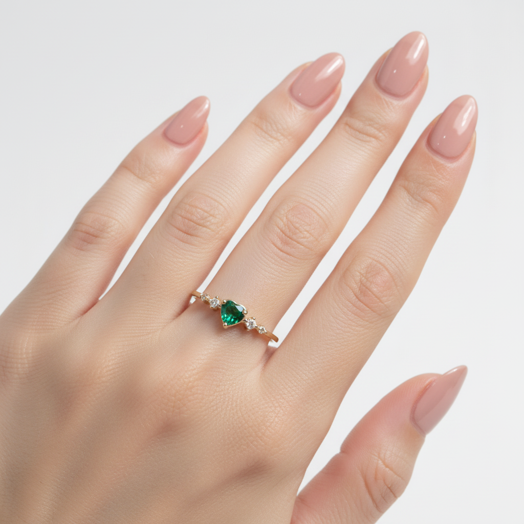 Anillo corazón verde - mano femenina
