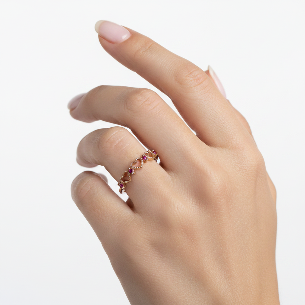 Anillo corazones milgrain rubíes en mano