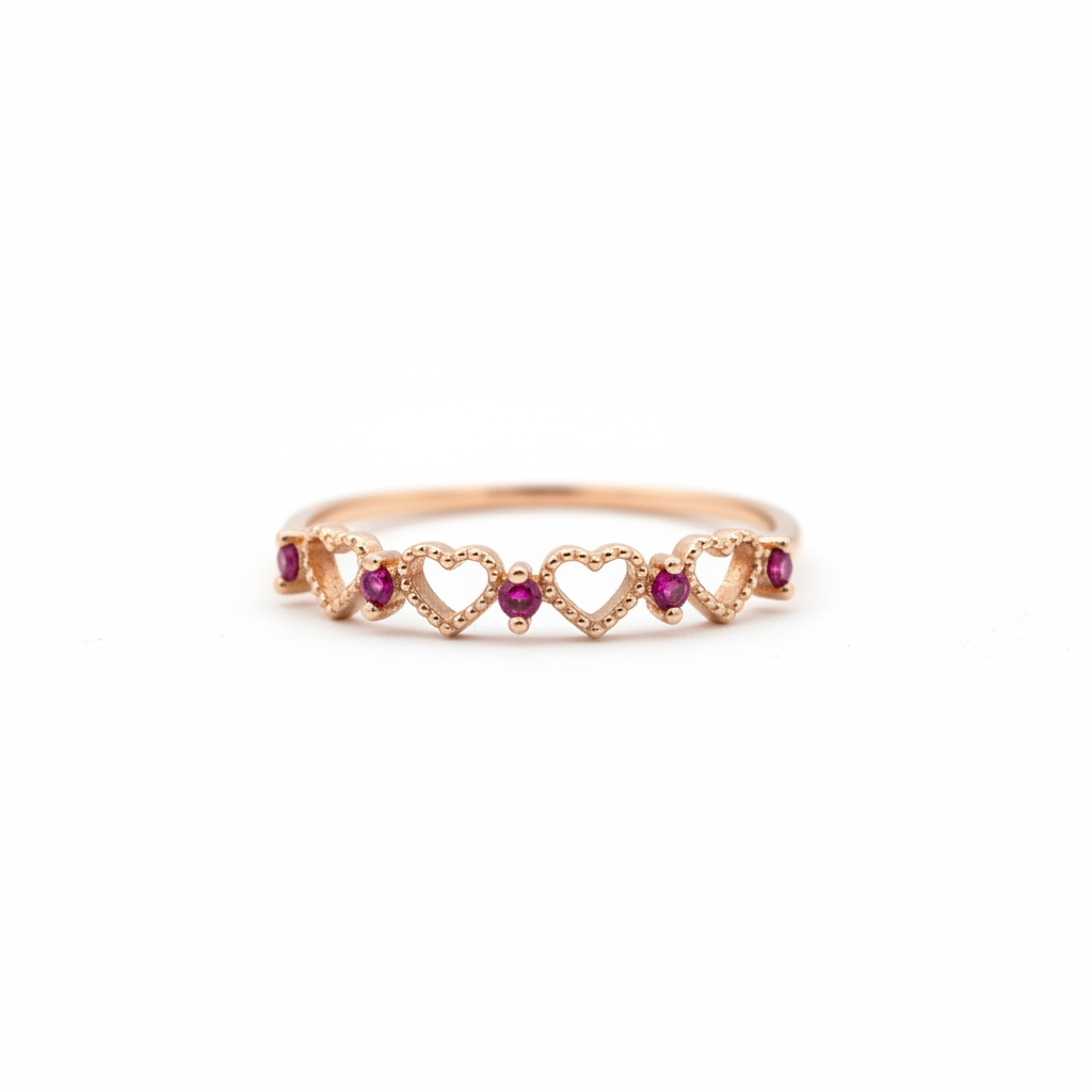 Anillo corazones milgrain rubíes fondo blanco