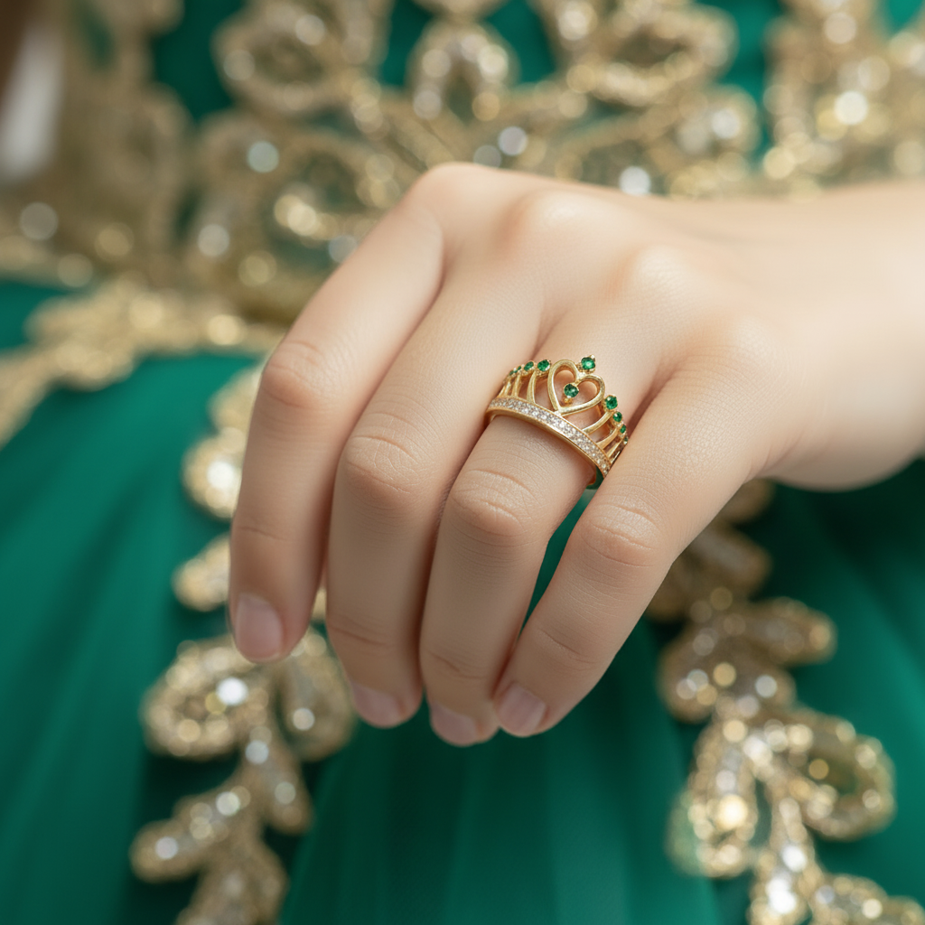 Anillo corona apretado en dedo con vestido de quinceañera