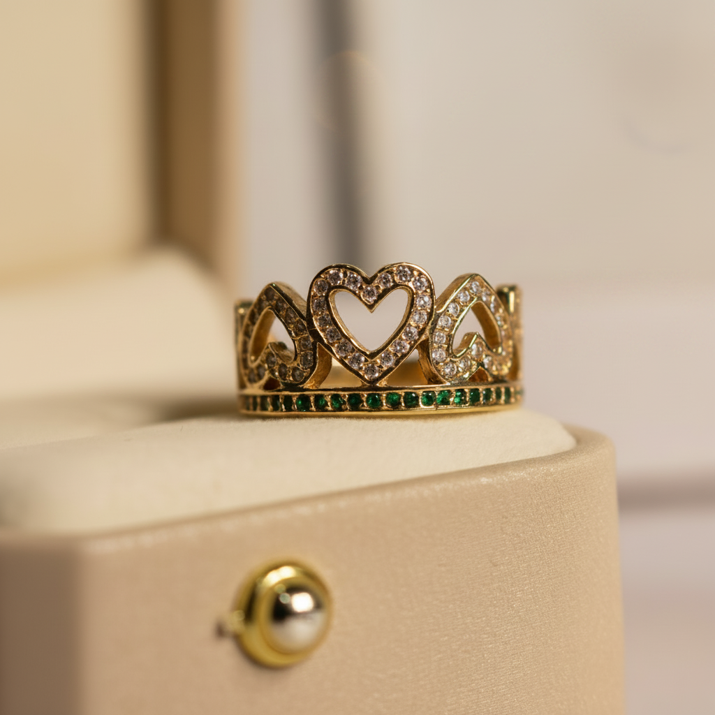 Anillo corona corazones esmeraldas sin bolitas de luz