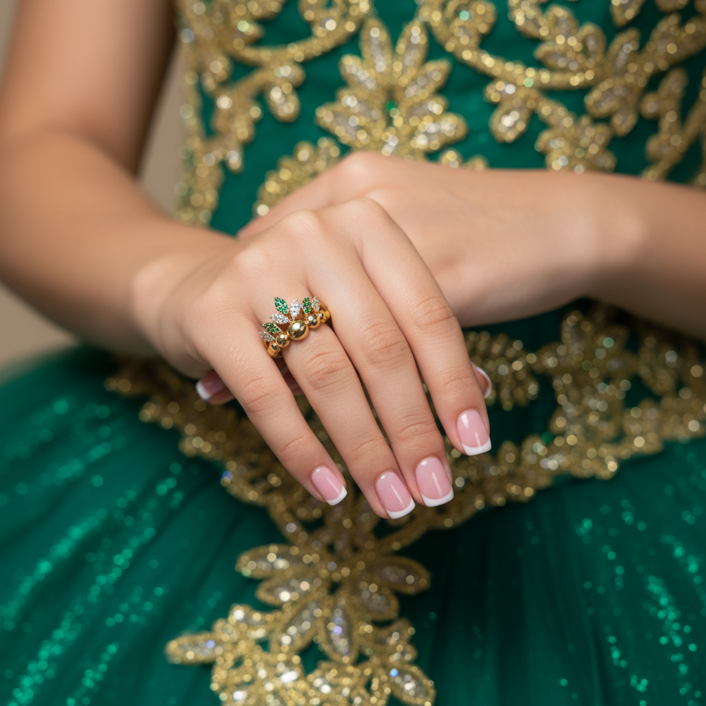 Anillo corona esmeraldas en mano quinceañera