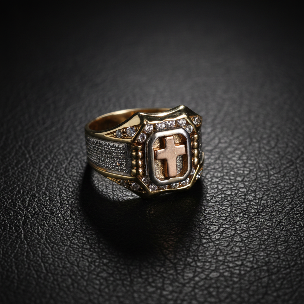 Anillo cruz bicolor cuero mate