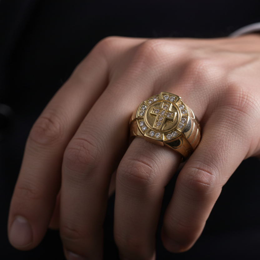 Anillo cruz circular diamantes en mano
