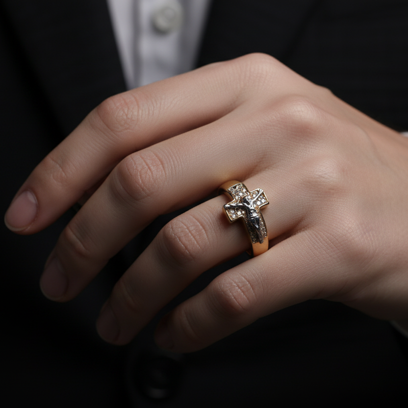 Anillo cruz Cristo en mano de hombre