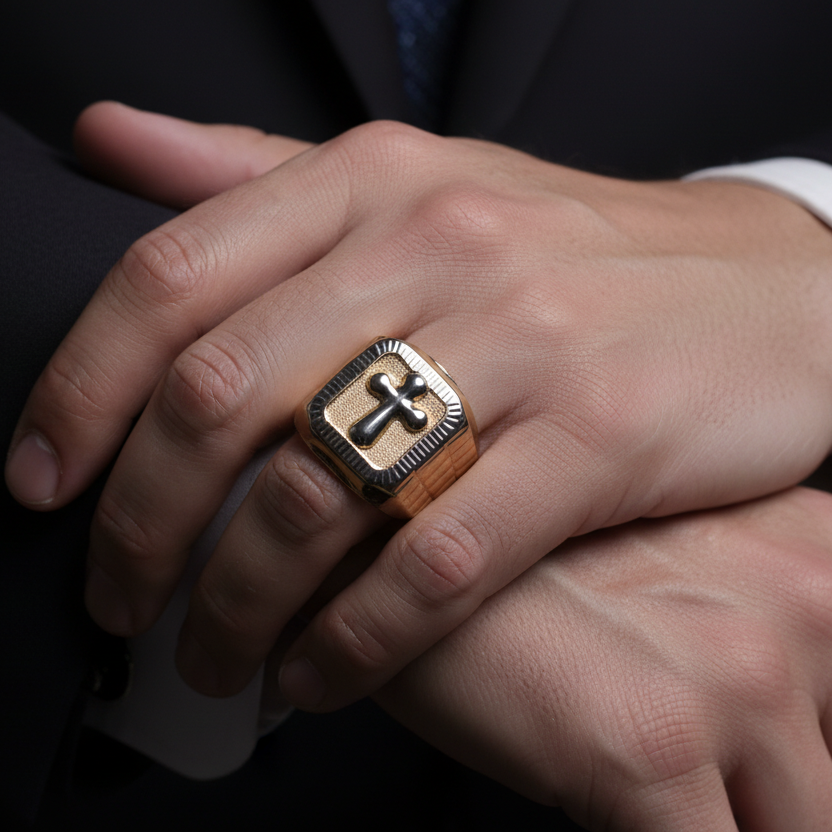 Anillo cruz cuadrado en mano