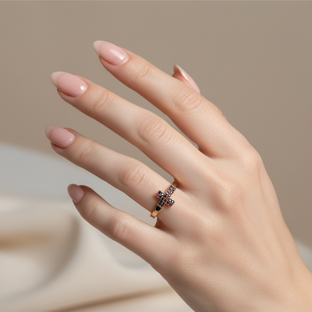 Anillo cruz en mano con uñas rosa