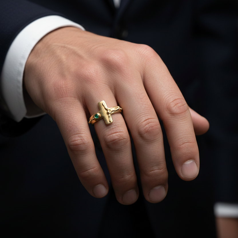Anillo cruz en mano de hombre