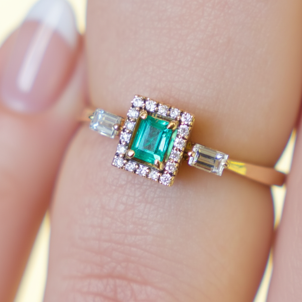 Anillo Esmeralda Halo – En mano femenina