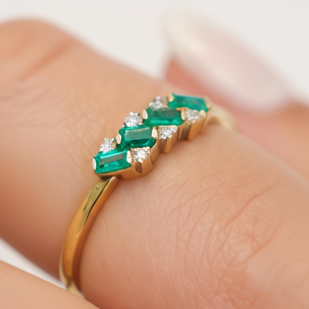 Anillo Esmeraldas Diagonal – En mano femenina