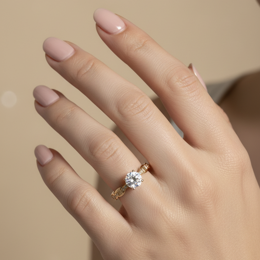 Anillo grabado geométrico en mano delicada