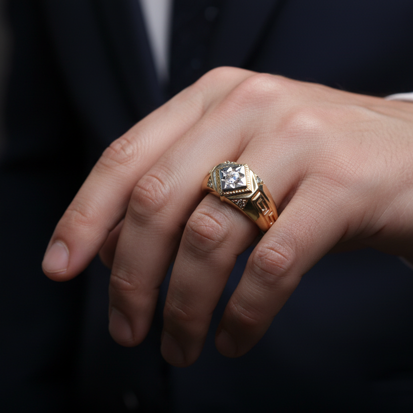 Anillo griego diamante en mano