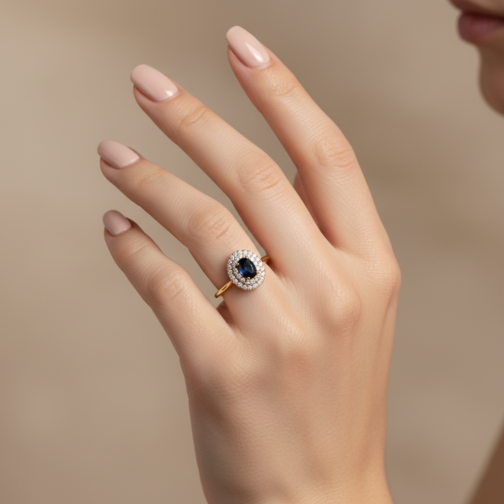 Anillo halo óvalo vertical