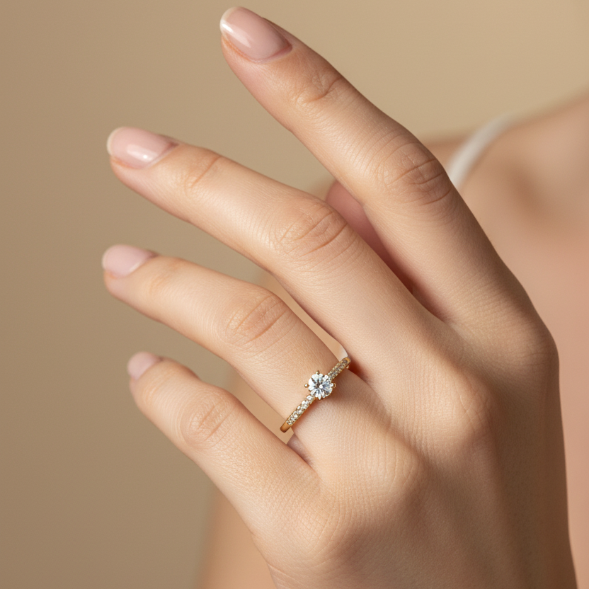 Anillo pavé shoulders en mano delicada