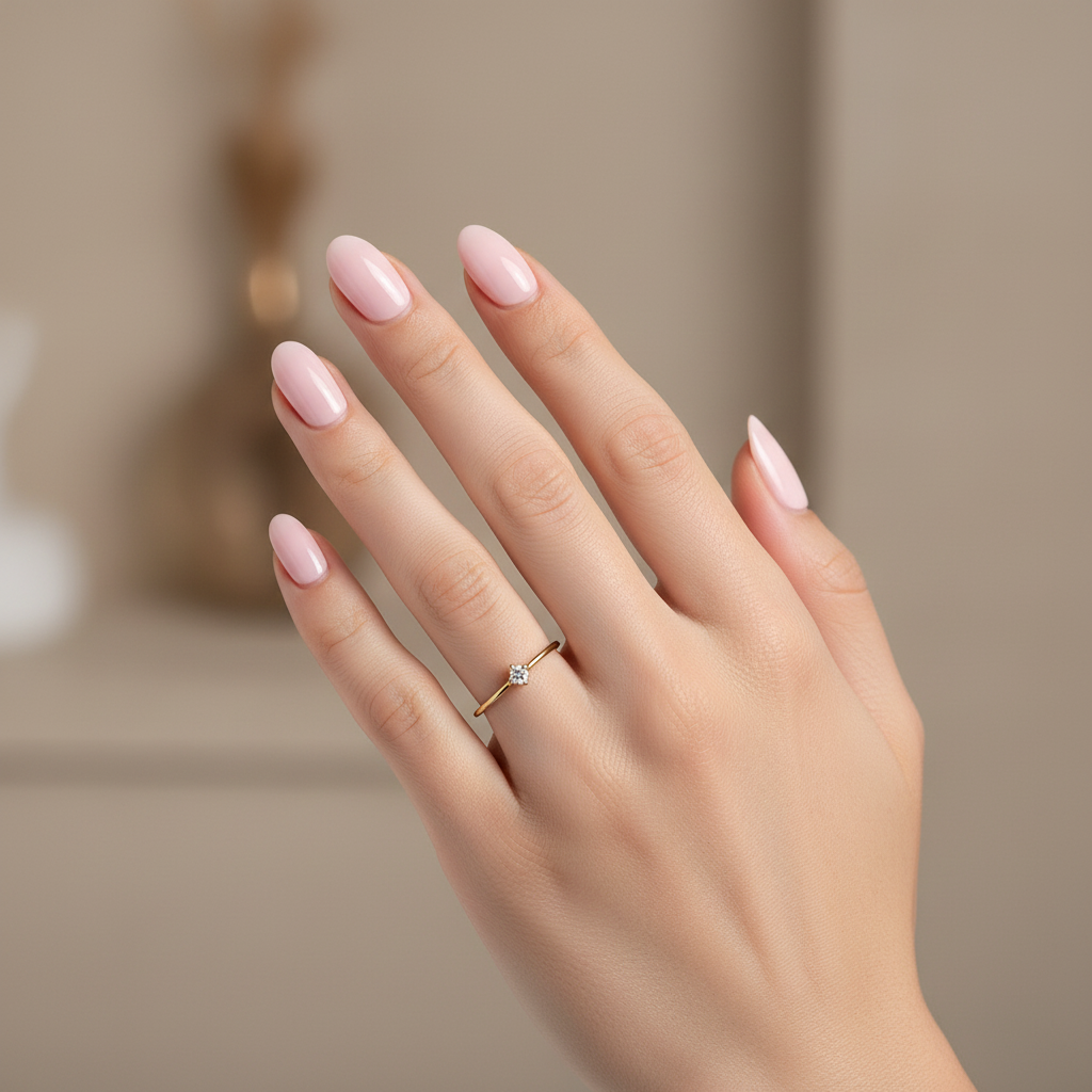 Anillo solitario con uñas rosa suave