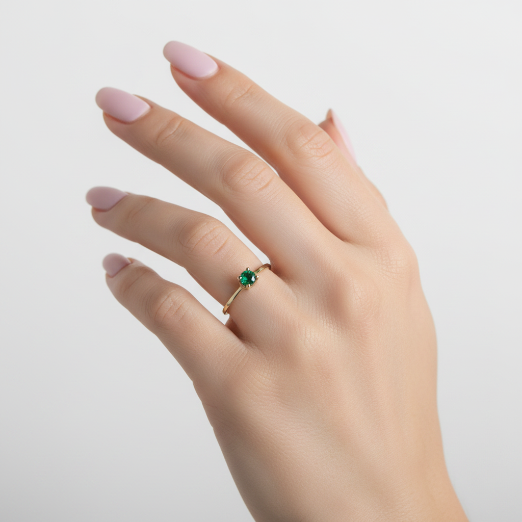 Anillo solitario verde - mano