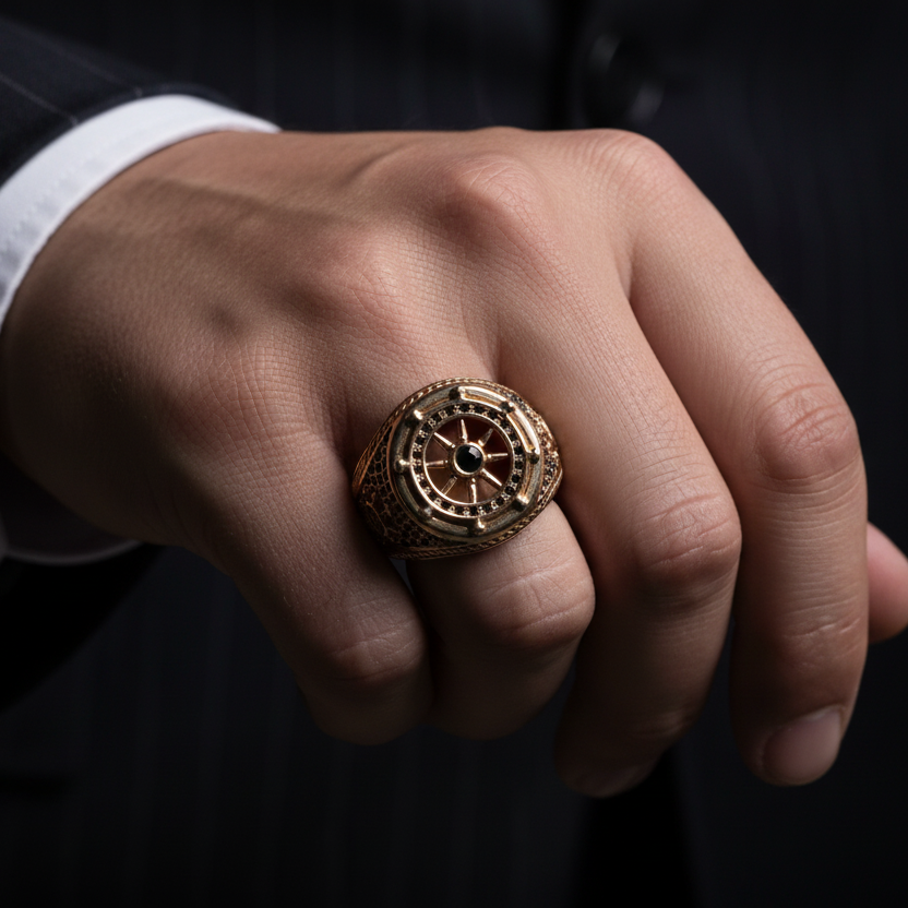 Anillo timón náutico en mano