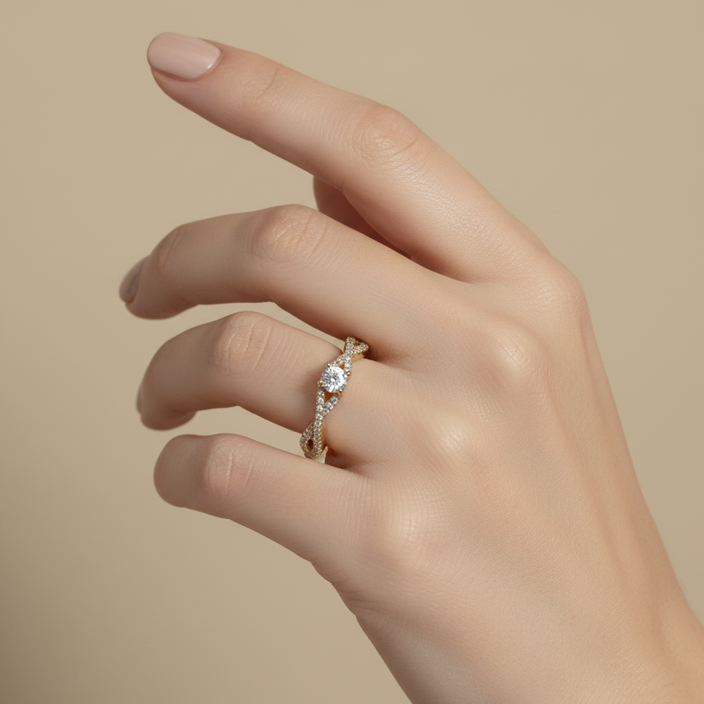 Anillo trenzado pavé en mano delicada