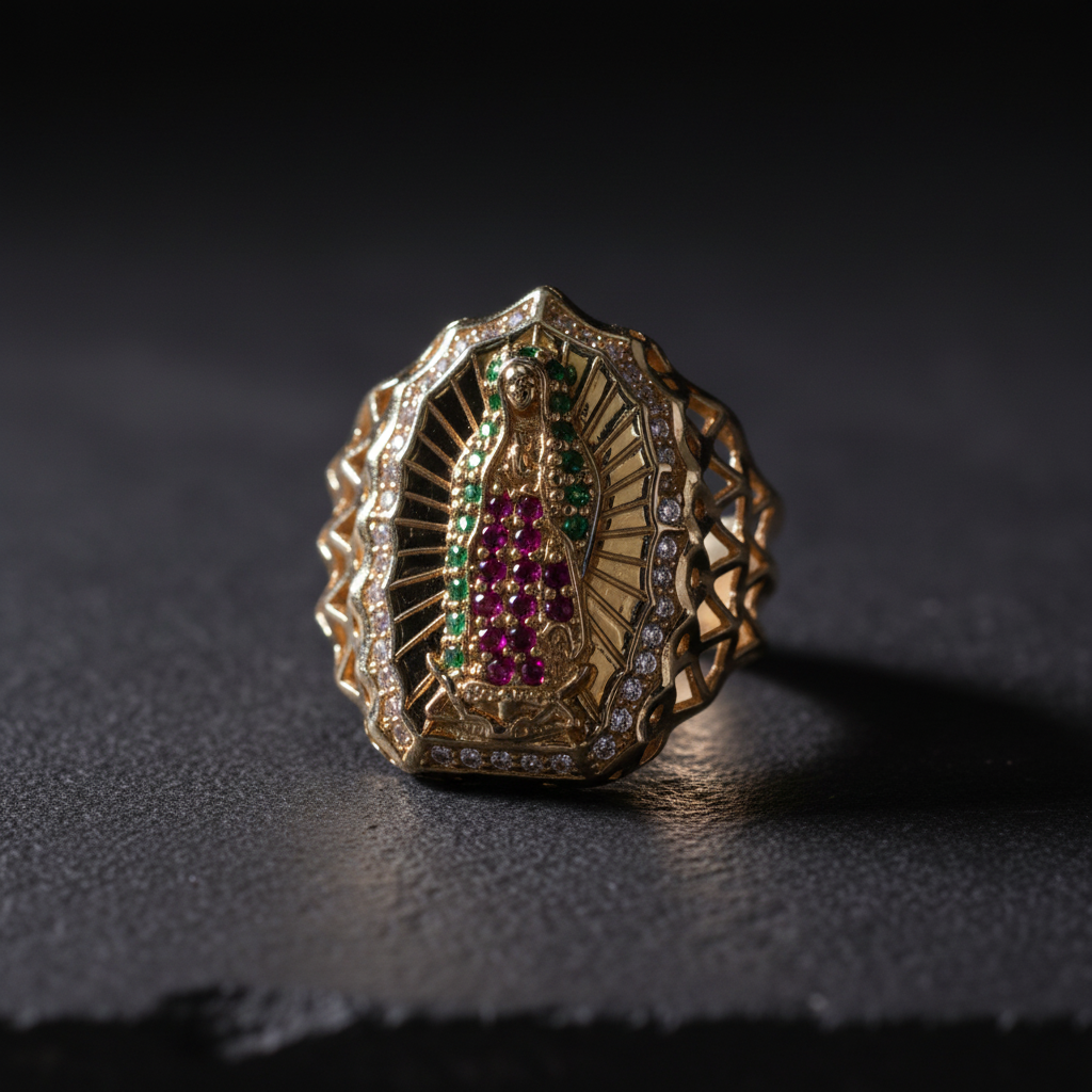 Anillo Virgen Guadalupe rubíes editorial