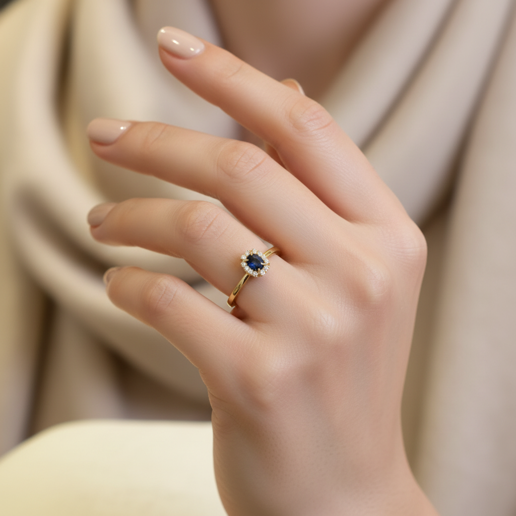 Anillo Zafiro Azul – Mano de modelo