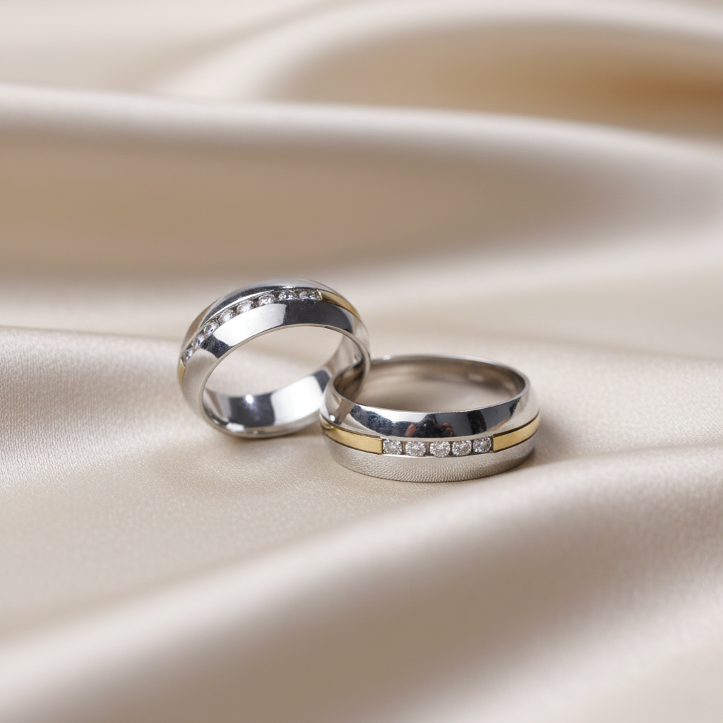 Anillos boda con diamantes sobre seda beige