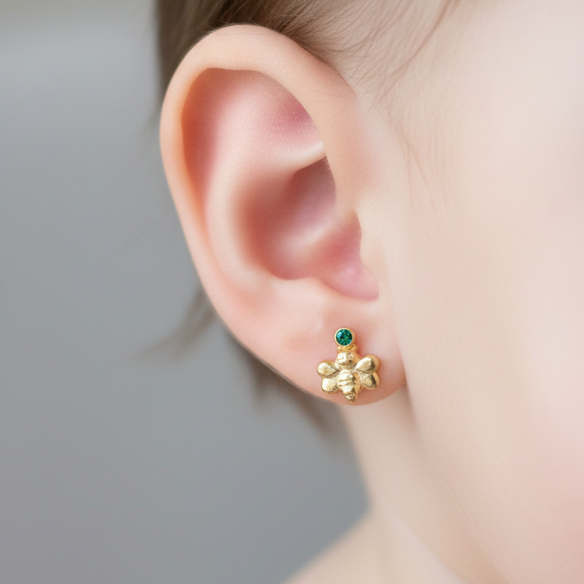 Arete tortuga oro 18k en oreja bebé 0.1cm ultra pequeño