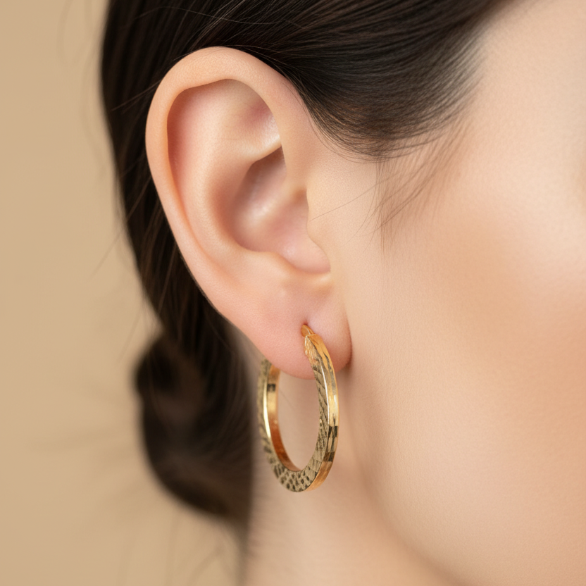 Aretes argolla con textura diamantada en oro 18K - en oreja