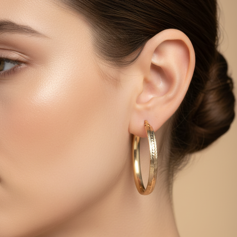Aretes argolla ovalados con textura en oro 18K - en oreja