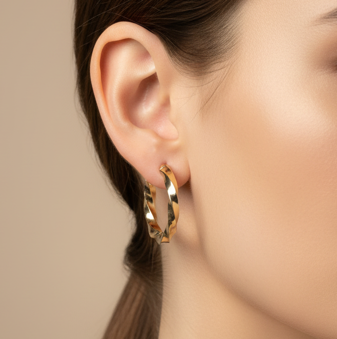 Aretes argolla torcidos en oro 18K - puestos en oreja