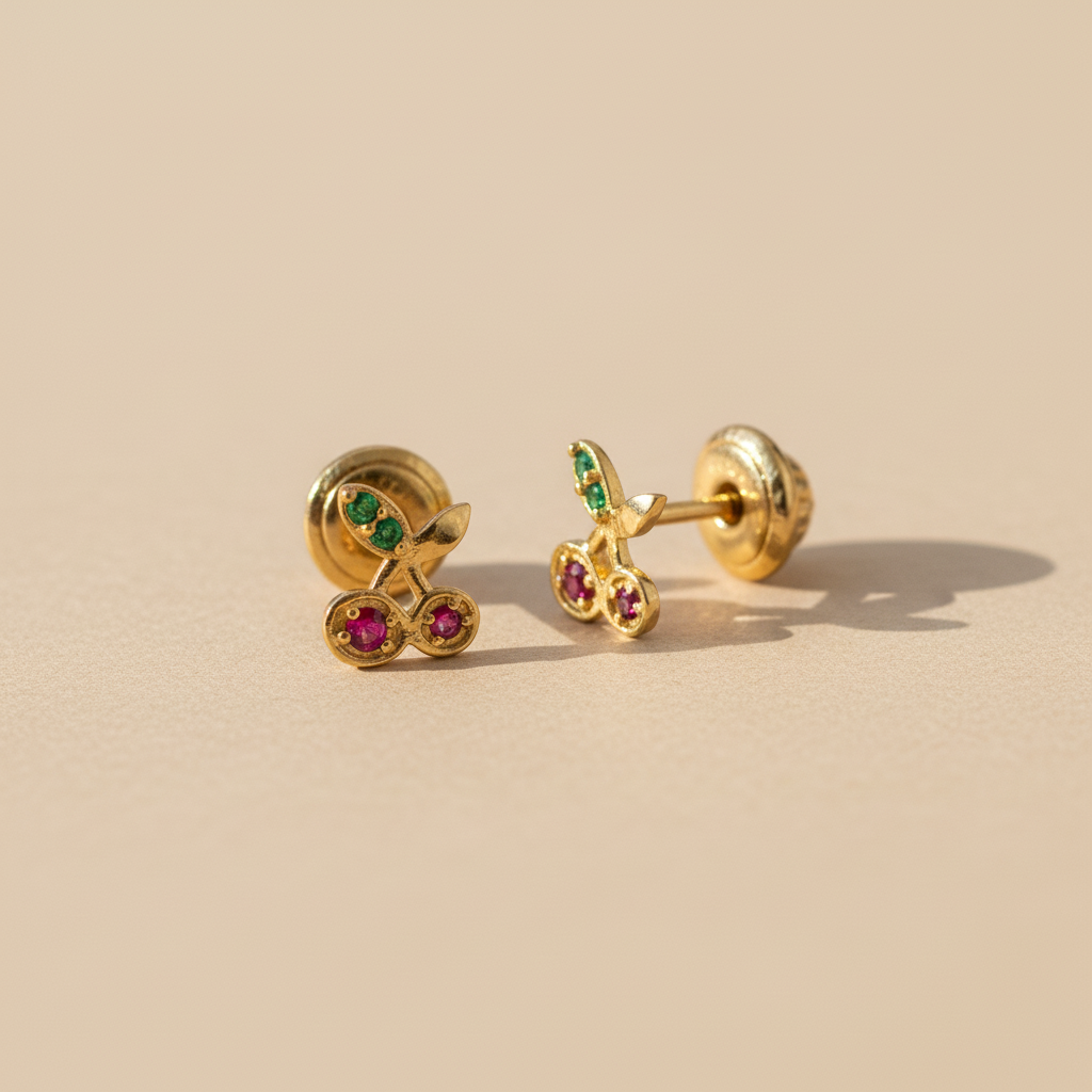 Aretes cereza oro 18k con circonitas rojas y verdes fondo beige profesional