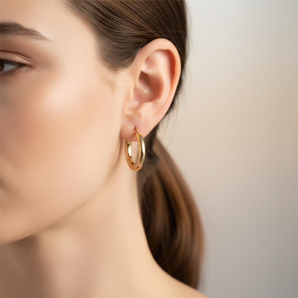 Aretes de aro con patrón grabado - close-up en oreja