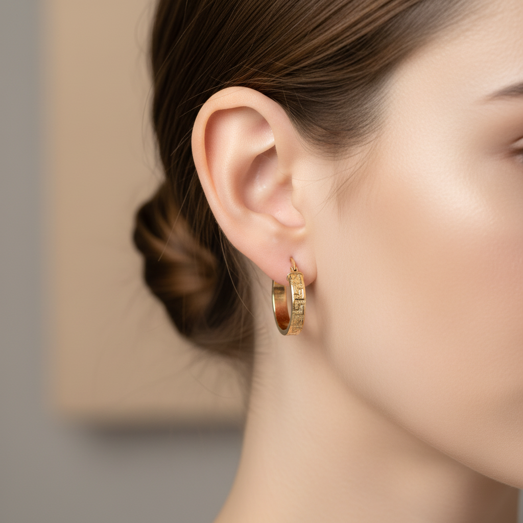 Aretes de aro con textura - close-up en oreja