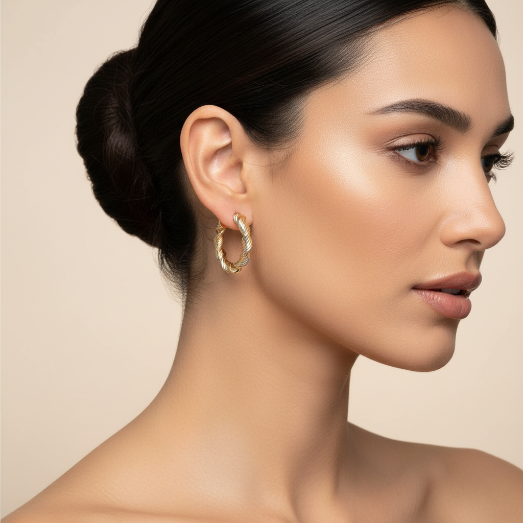 Aretes de aro torcidos bicolor en modelo