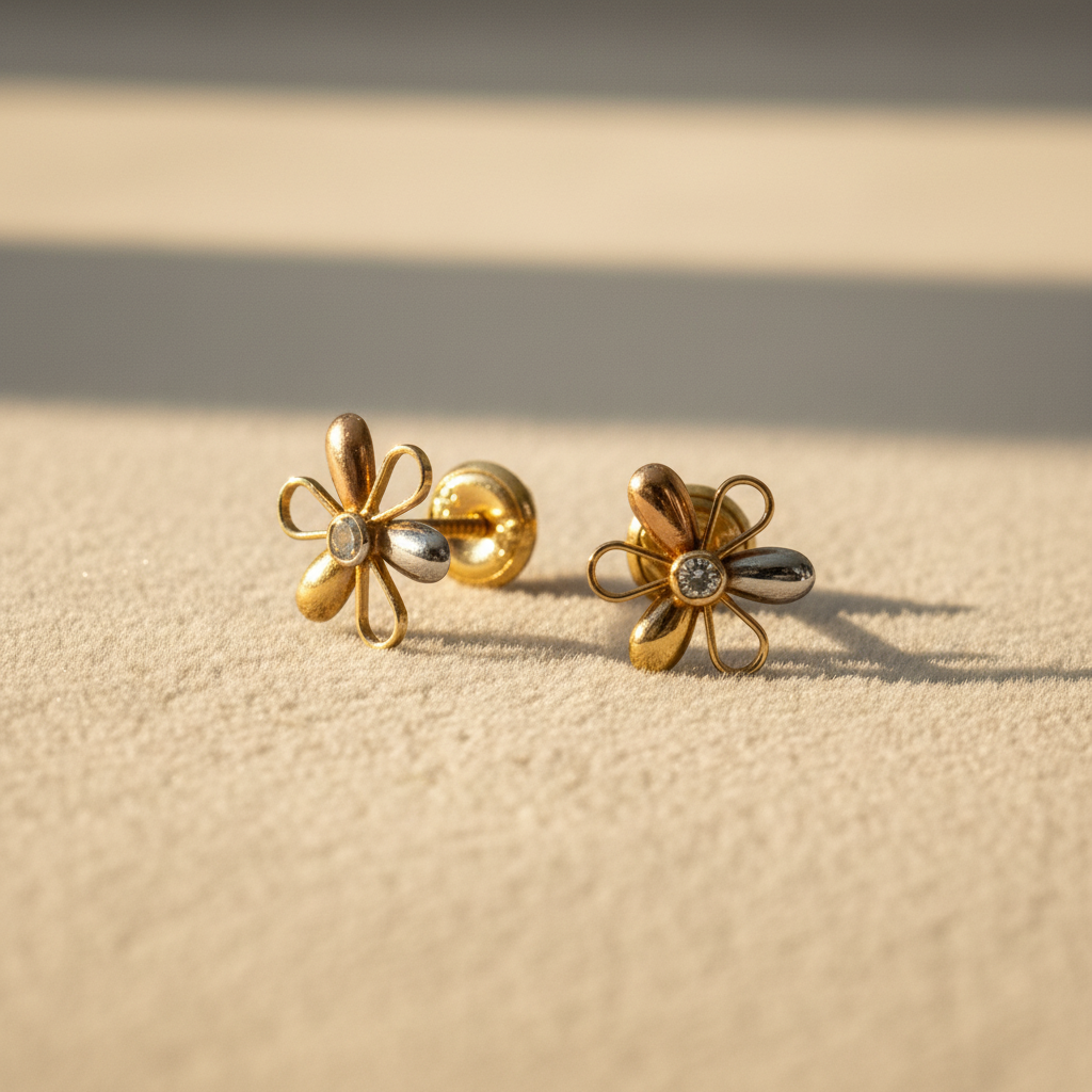 Aretes de flor con circonita fondo beige profesional