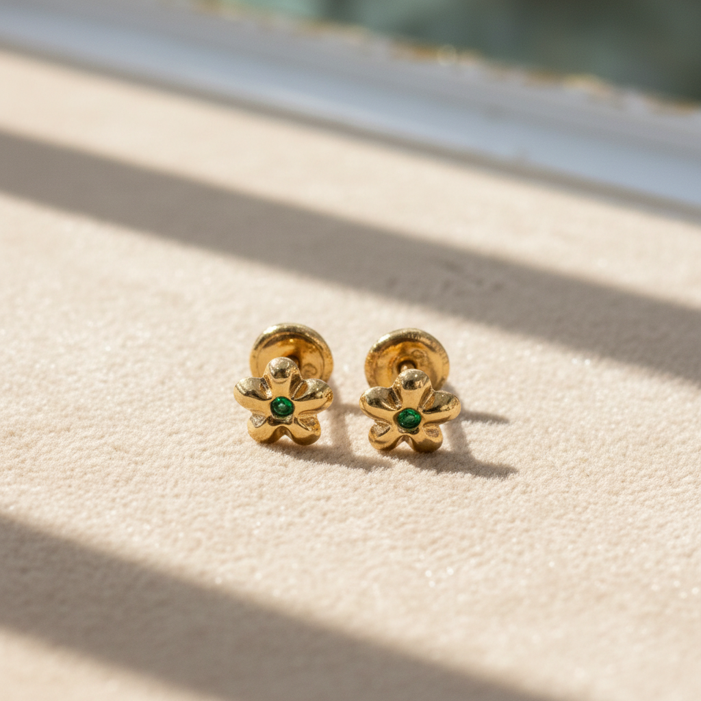 Aretes de flores con piedra verde fondo beige sin texto
