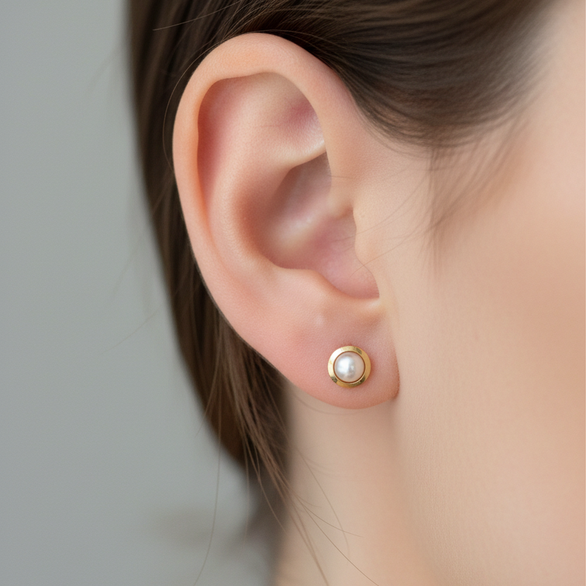 Aretes de perla en oro 18k en oreja tamaño pequeño