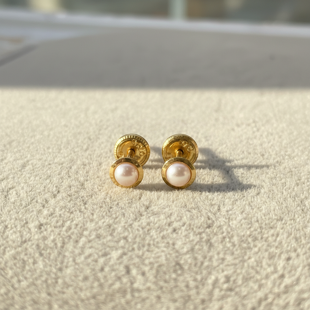 Aretes de perla en oro 18k fondo beige profesional