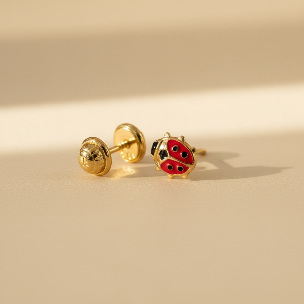 Aretes mariquita oro 18k esmalte rojo negro fondo beige profesional
