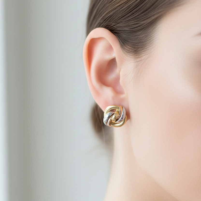 Aretes nudo tricolor oro en oreja