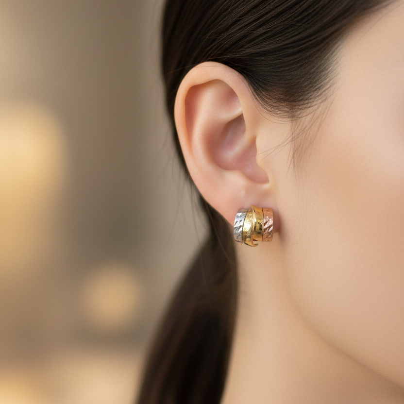 Aretes tricolor oro en oreja