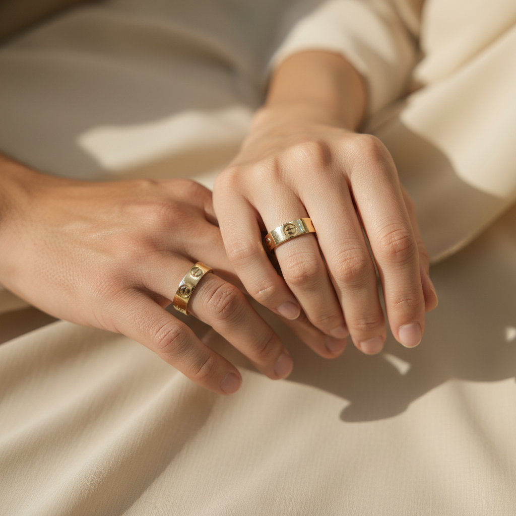 Argollas de boda en manos de pareja