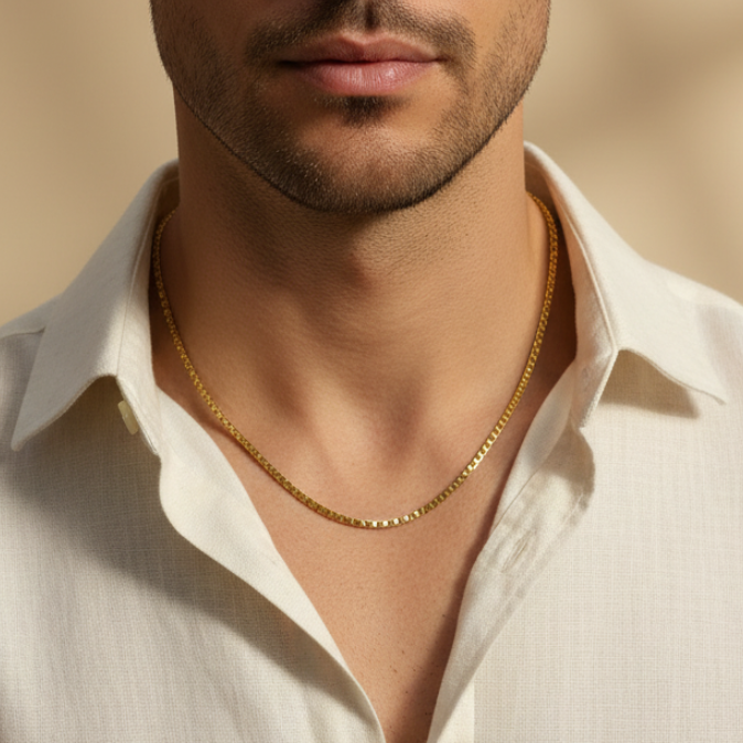 Cadena de oro 18k tipo box chain con camisa con cuello