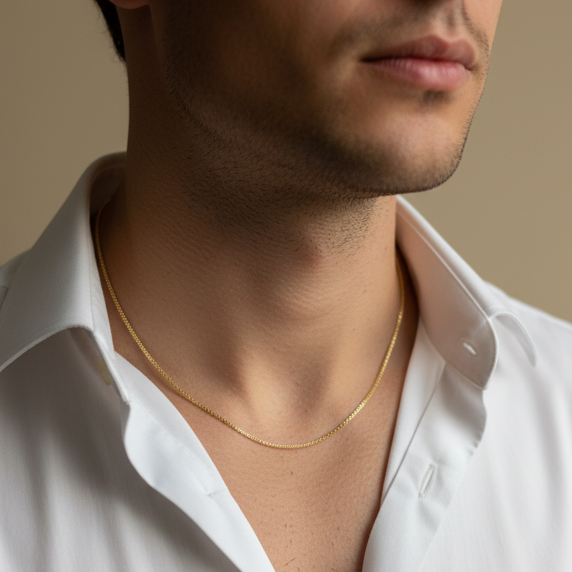 Cadena de oro en hombre con camisa blanca