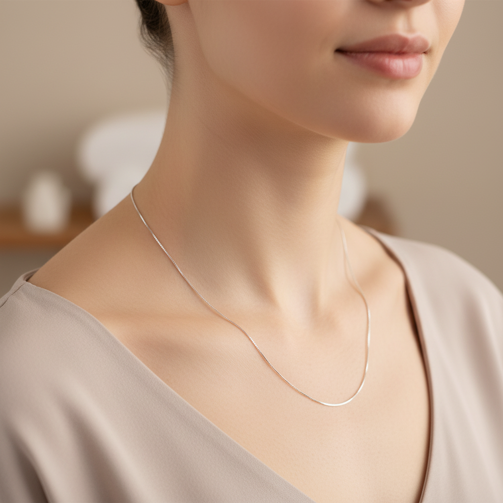 Cadena delgada en cuello de mujer