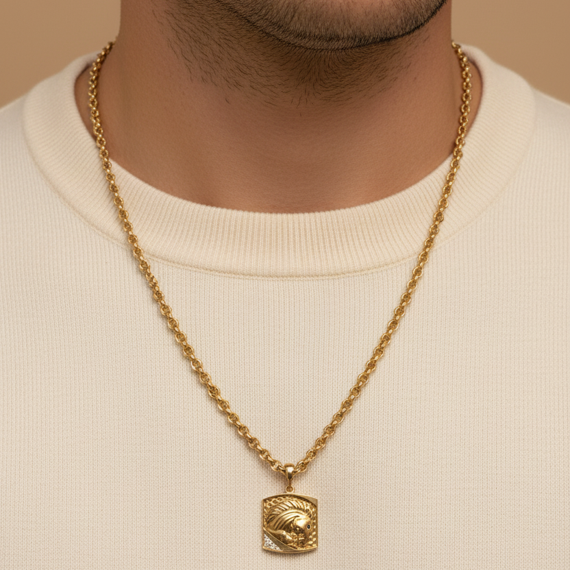 Cadena dorada en cuello de hombre