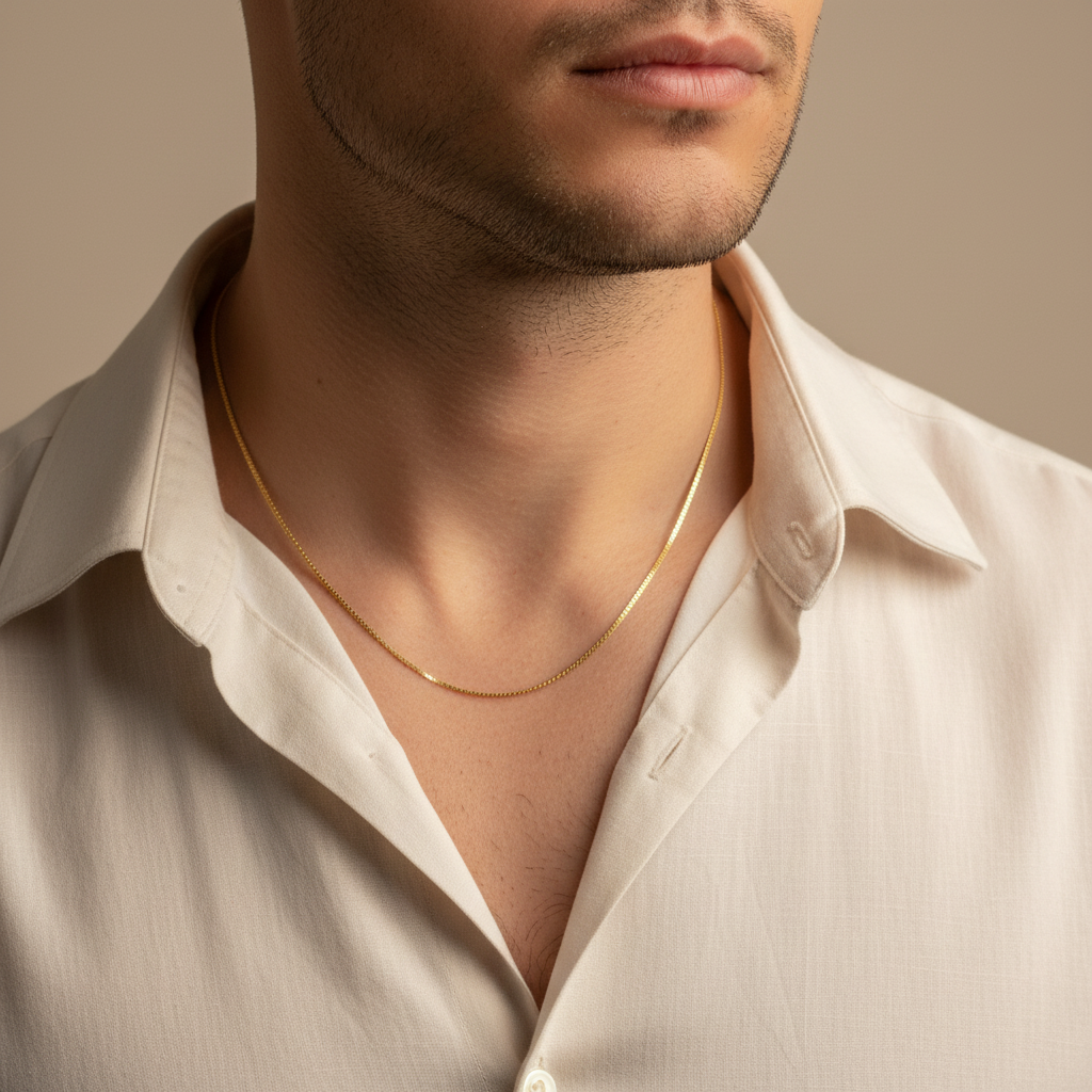 Cadena oro amarillo en hombre con camisa abierta